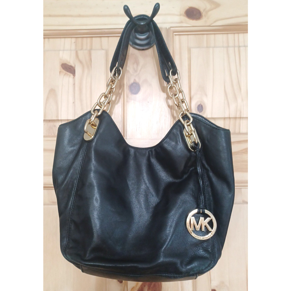 Michael Kors Lilly Black Leather Shoulder Bag Purse Tote Gold Tone Chain 10x10x4